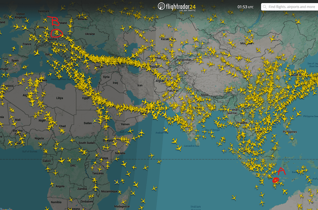 Flight radar mezi Bali a Prahou